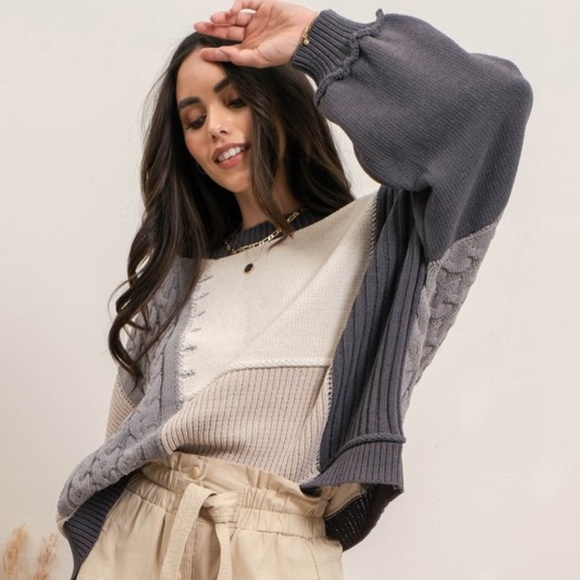 Sweaters - 022 Cozy Color Block Back Tie Sweater Top